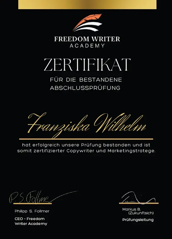 Zertifikat Franziska Wilhelm Copywriterin und Marketingstratege
